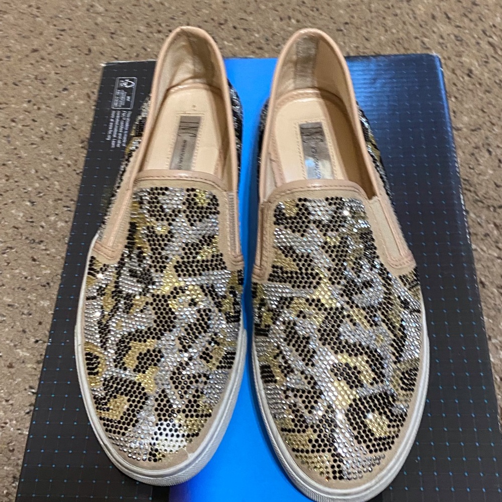 Rhinestone studded leopard print slip on sneaker